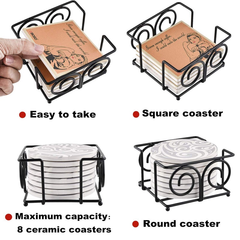 MOYODOR Coaster Holder 4.3 Inch Black Iron Metal Holder Storage Caddy for Both Round and Square Coasters Fit 4 to 9 Pieces Coasters (1 PC) - Image 3